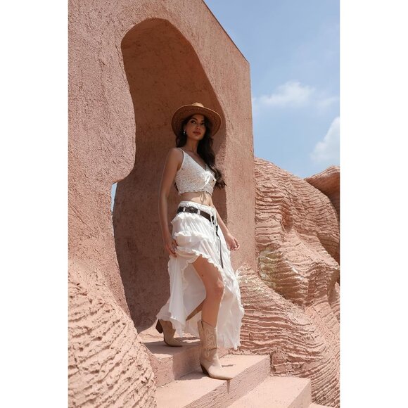 Women Faux Leather Beige-calf High Embroidered Pointed Toe Block Heel Boots - Picture 7 of 8